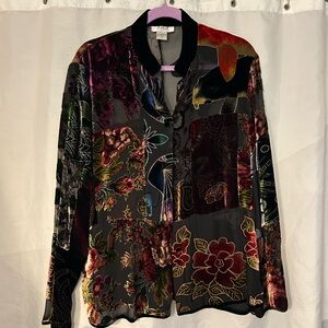 Elegant blouse, velvet floral in sheer background, black, size M